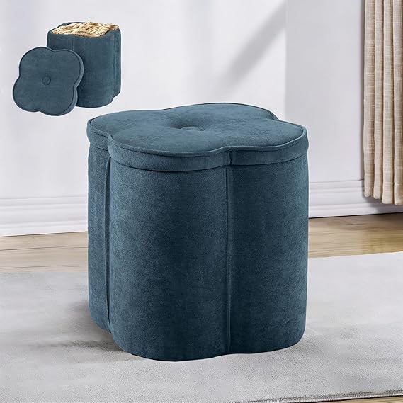 Pink Flower Storage Ottoman with Chenille Fabric