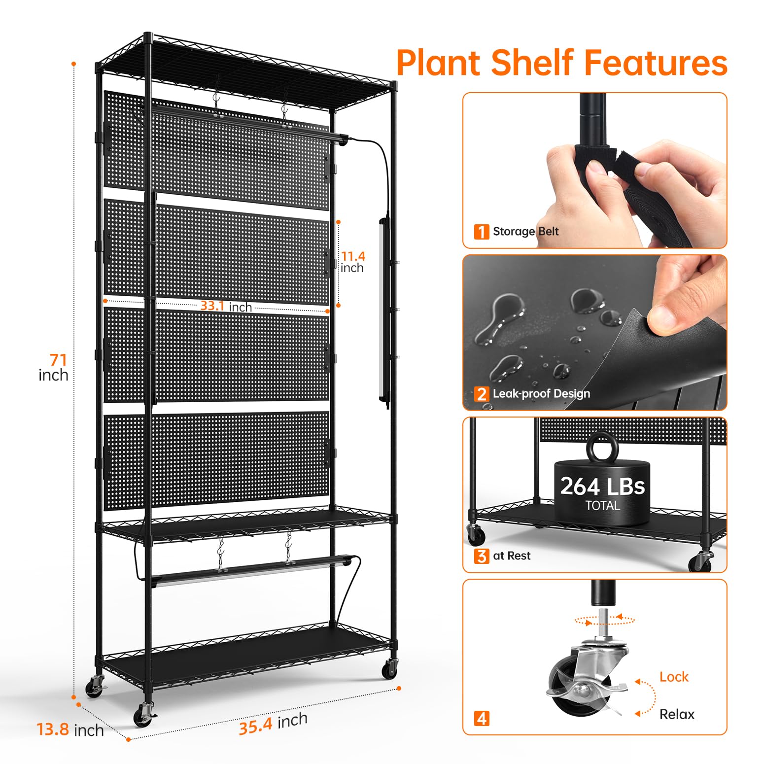 3-Tier Plant Shelf with Grow Lights and Pegboard