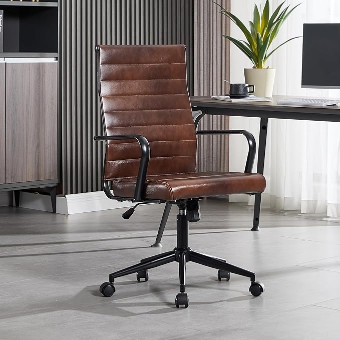 Leather Office Desk Chair Mid-Century Modern Ergonomic Executive Ribbed Swivel