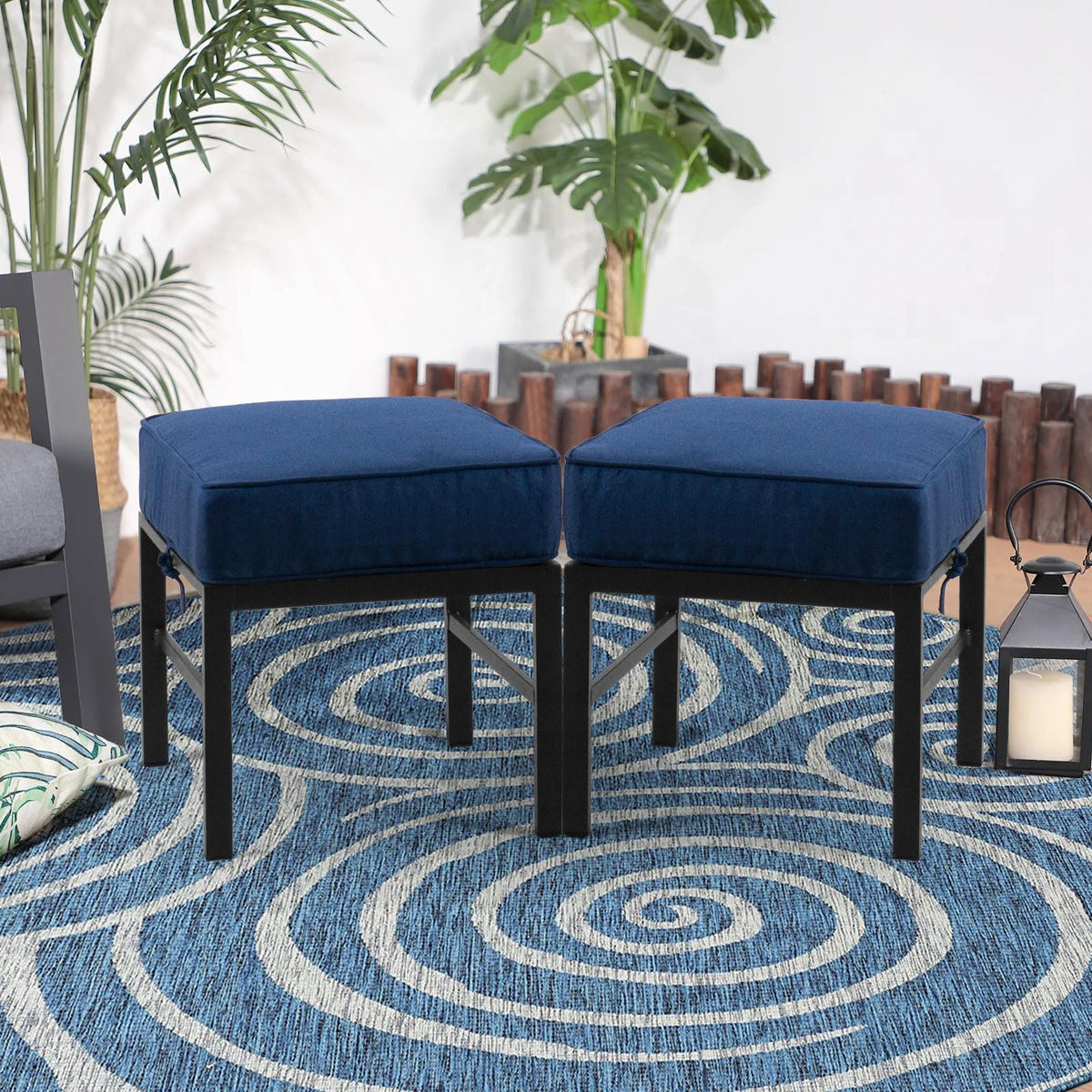 2-Piece Outdoor Patio Ottomans with Blue Cushions