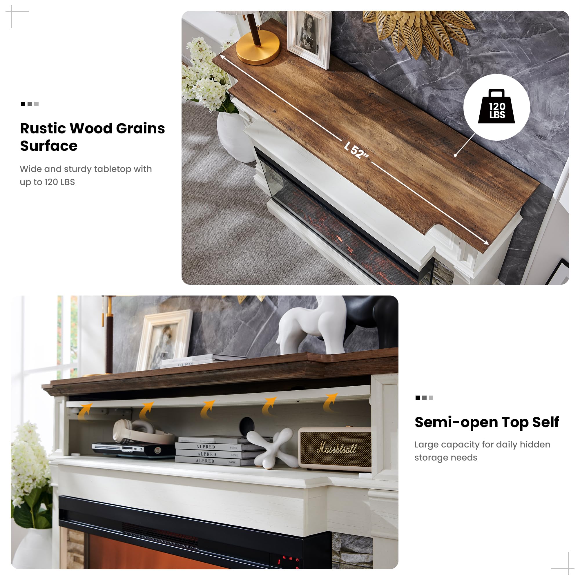 52" Electric Fireplace TV Stand with 36" 3-Side Glass Insert