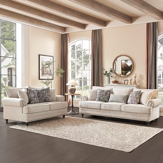 3-Seat Chenille Sofa with Nailhead Trim