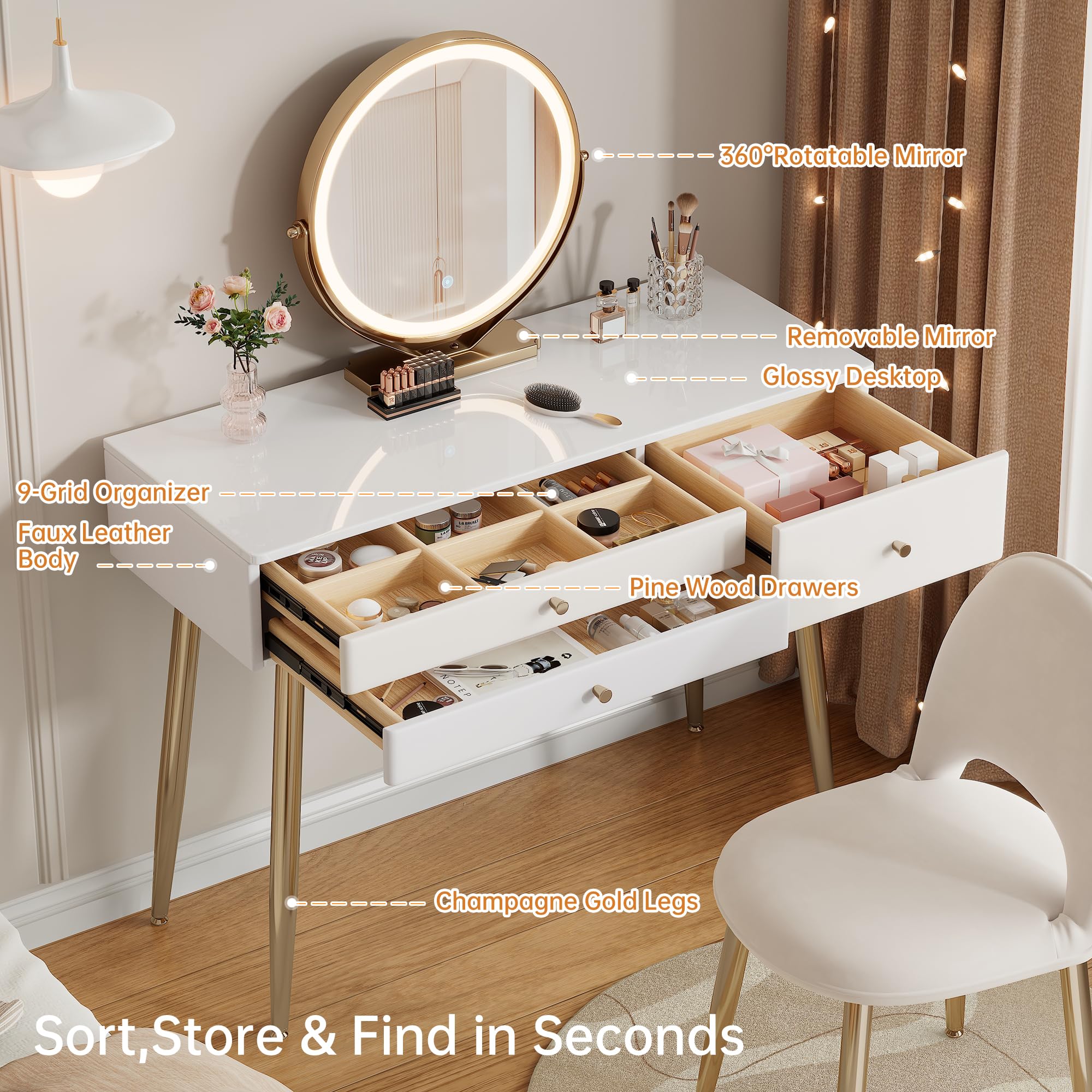 39" Vanity Desk with Mirror and Lights