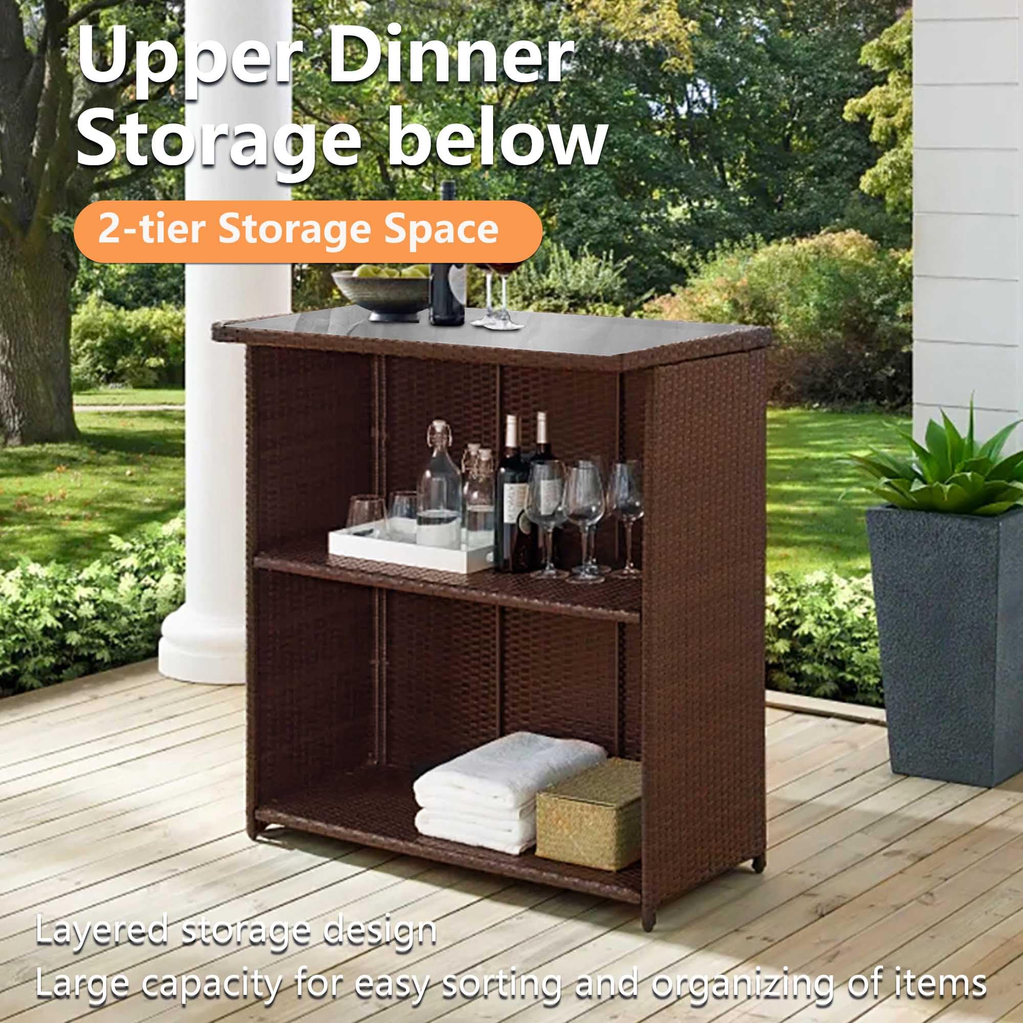 Rattan Bar Set with Glass Top and Storage