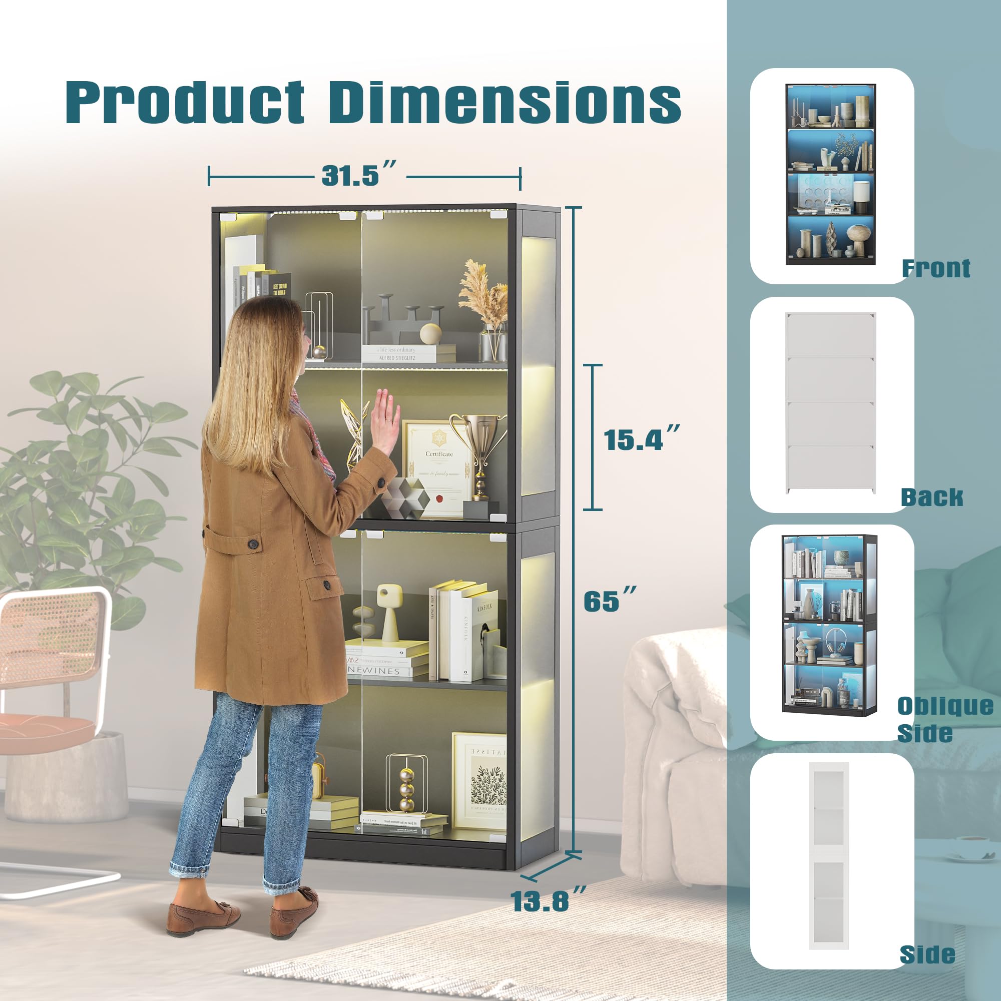4-Tier Glass Display Cabinet with LED Lights