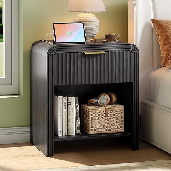 Fluted Nightstand with Charging Station