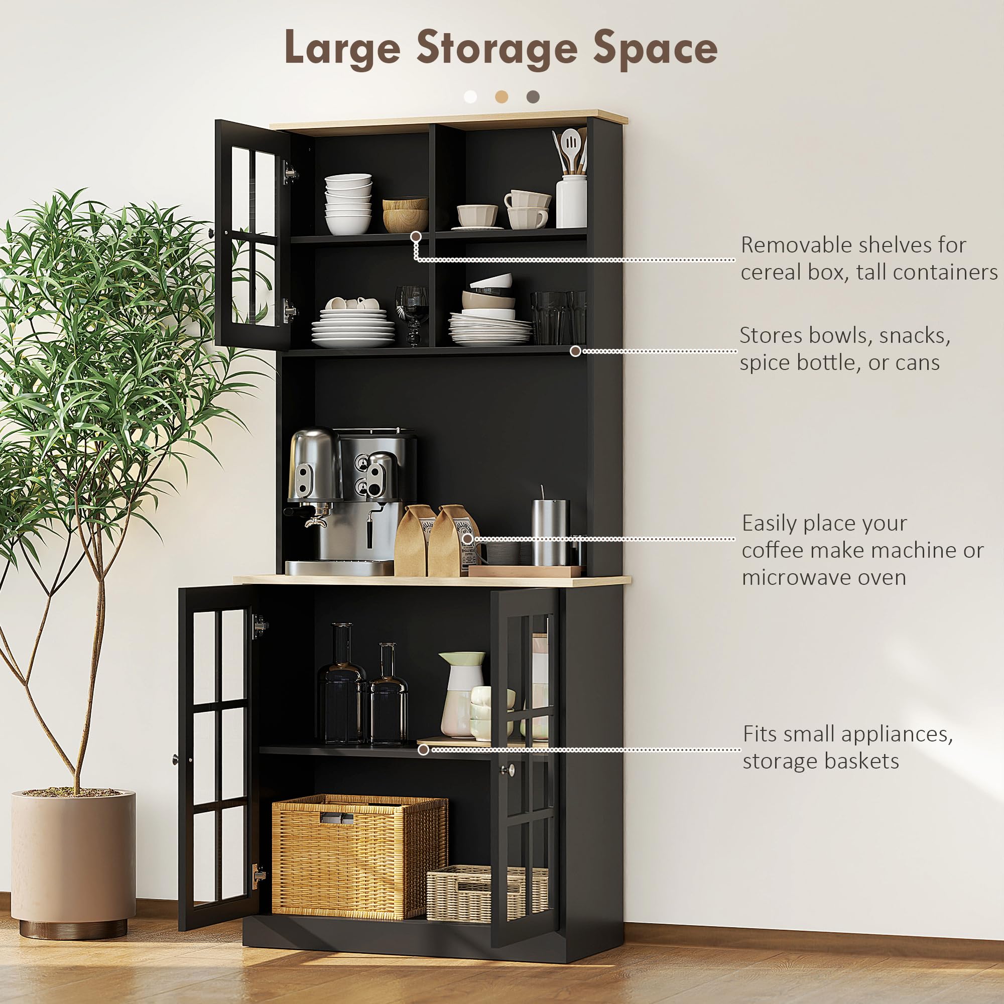 Kitchen Pantry Storage Cabinet 72" with Glass Doors