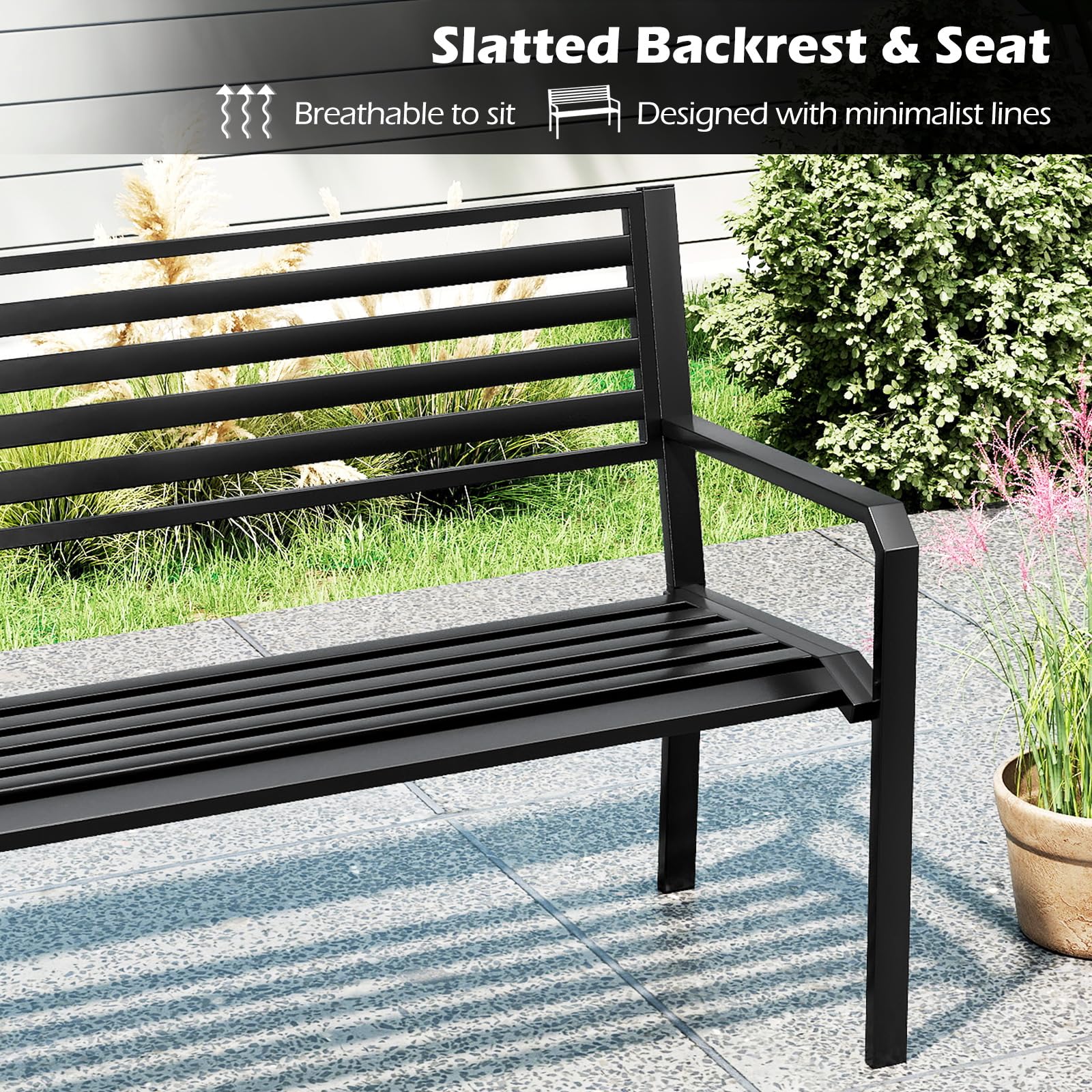 50" Outdoor Metal Park Bench with Armrests and Backrest