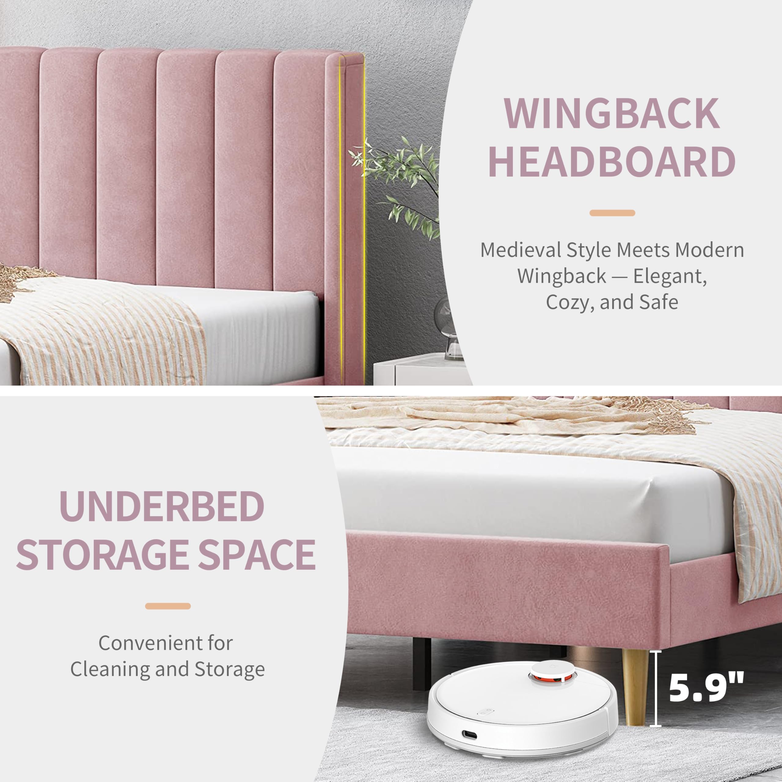 QNZK Full Size Upholstered Platform Bed Frame with Modern Wingback & Vertical Panel Headboard, Velvet Fabric, Wooden Legs & Slats Support, No Box Spring Needed, Noise-Free & Easy Assembly, Pink