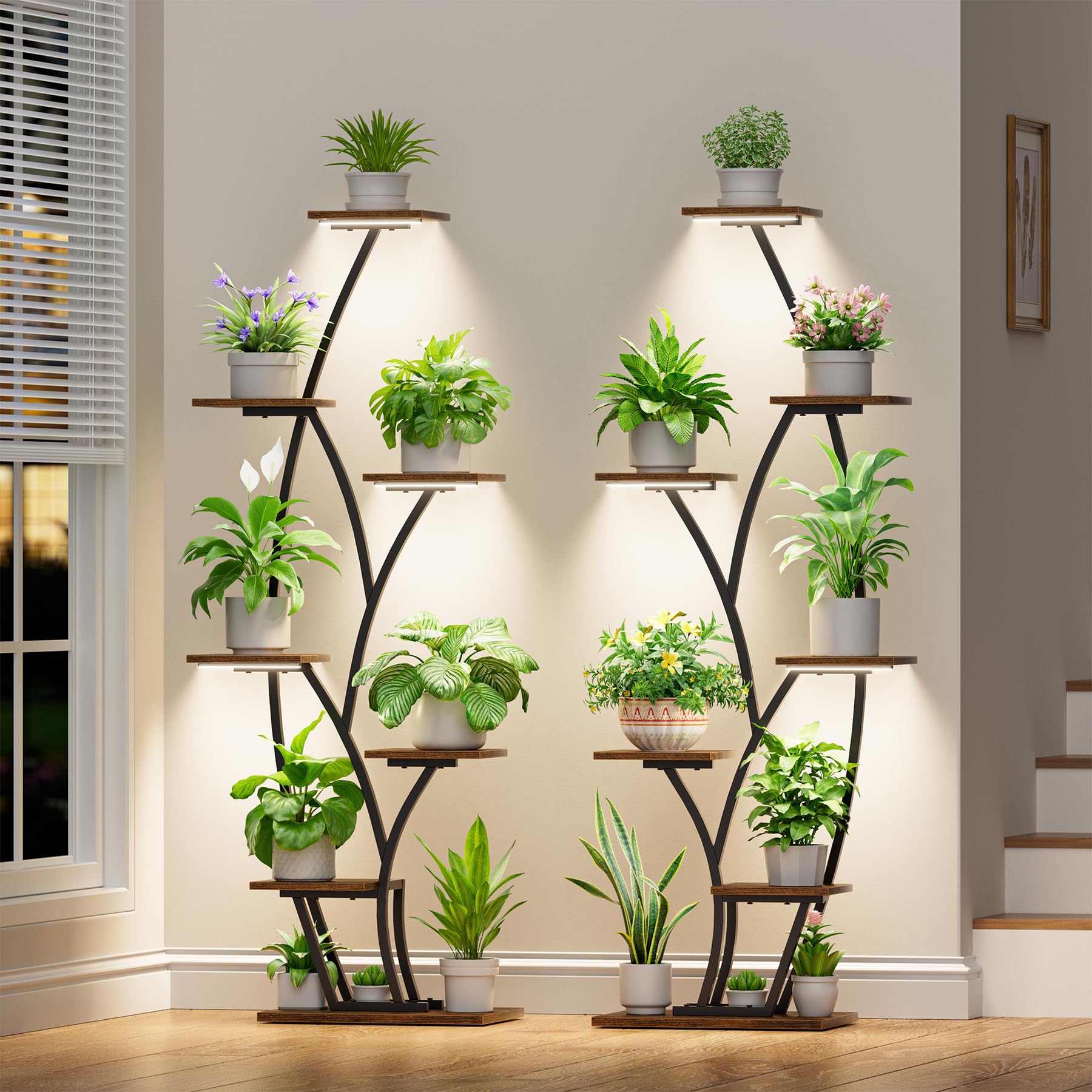 Plant Stand Indoor with Grow Lights - Lighted Indoor Plant Shelf Tall, 61" 7 Tier Large Plant Stands for Indoor Growing, 2 Pack Corner Flower Shelves, Half-Moon Metal Holder for Home Living Room Black