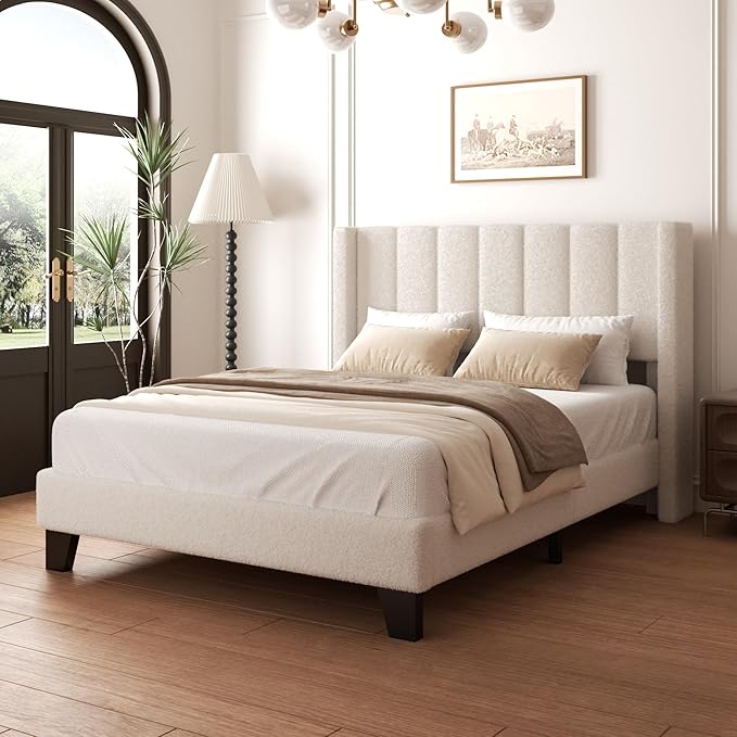 Queen Upholstered Platform Bed Frame with Teddy Velvet Headboard