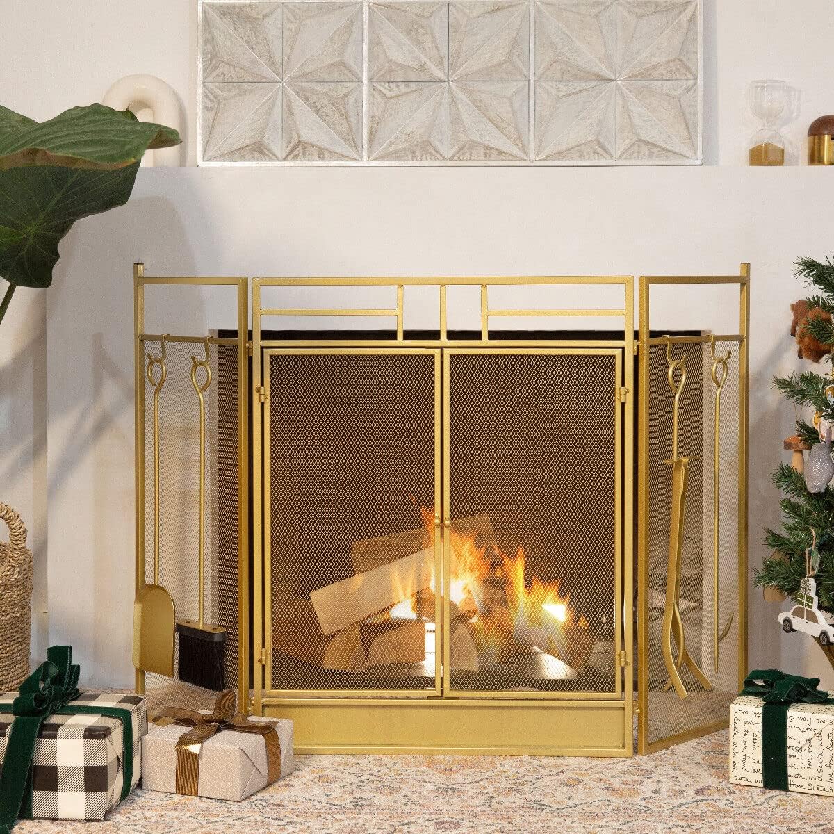 3-Panel Folding Fireplace Screen with Tools
