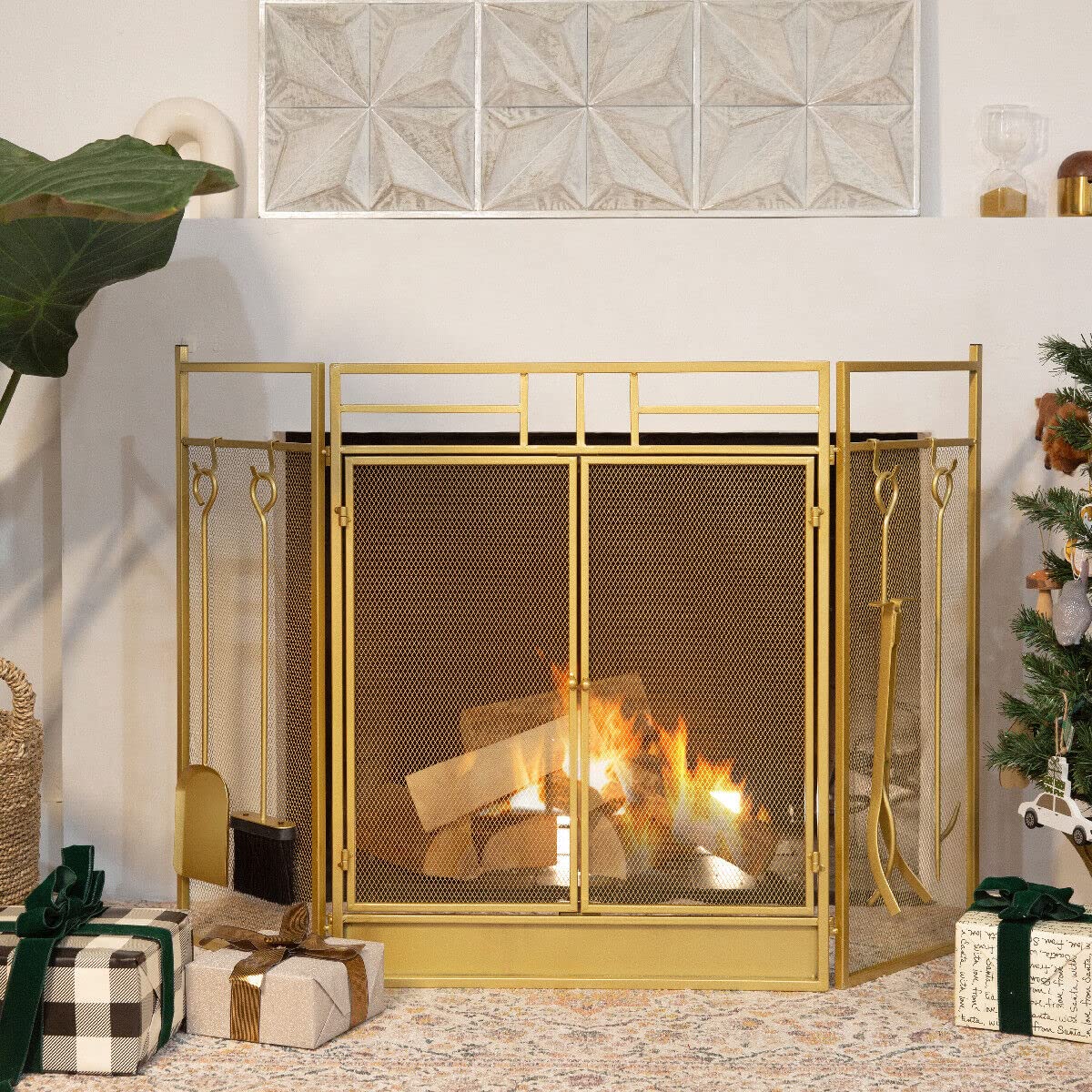 3-Panel Folding Fireplace Screen with Tools