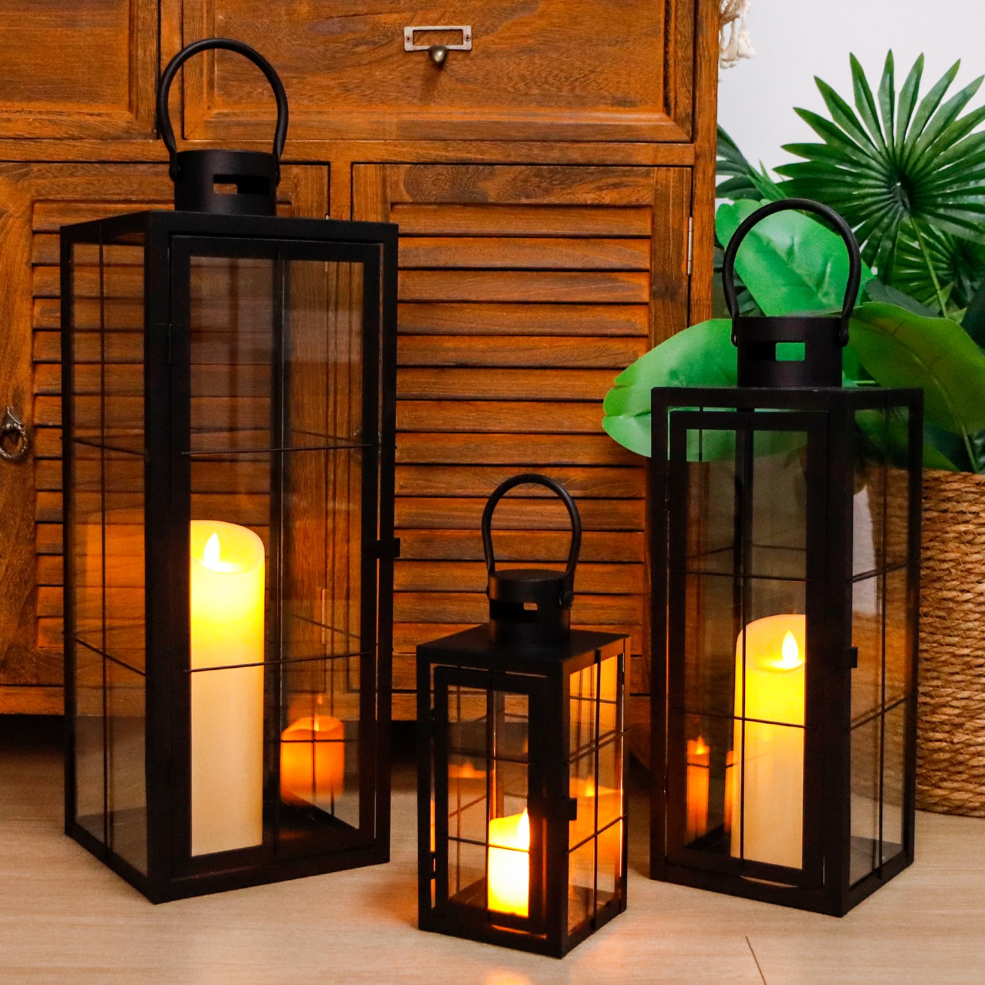 Metal Candle Lantern Set of 3 - Black Decorative Hanging Lanterns