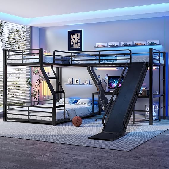 L-Shape Triple Bunk Bed with Slide and Desk - Twin XL Over Queen Metal Frame