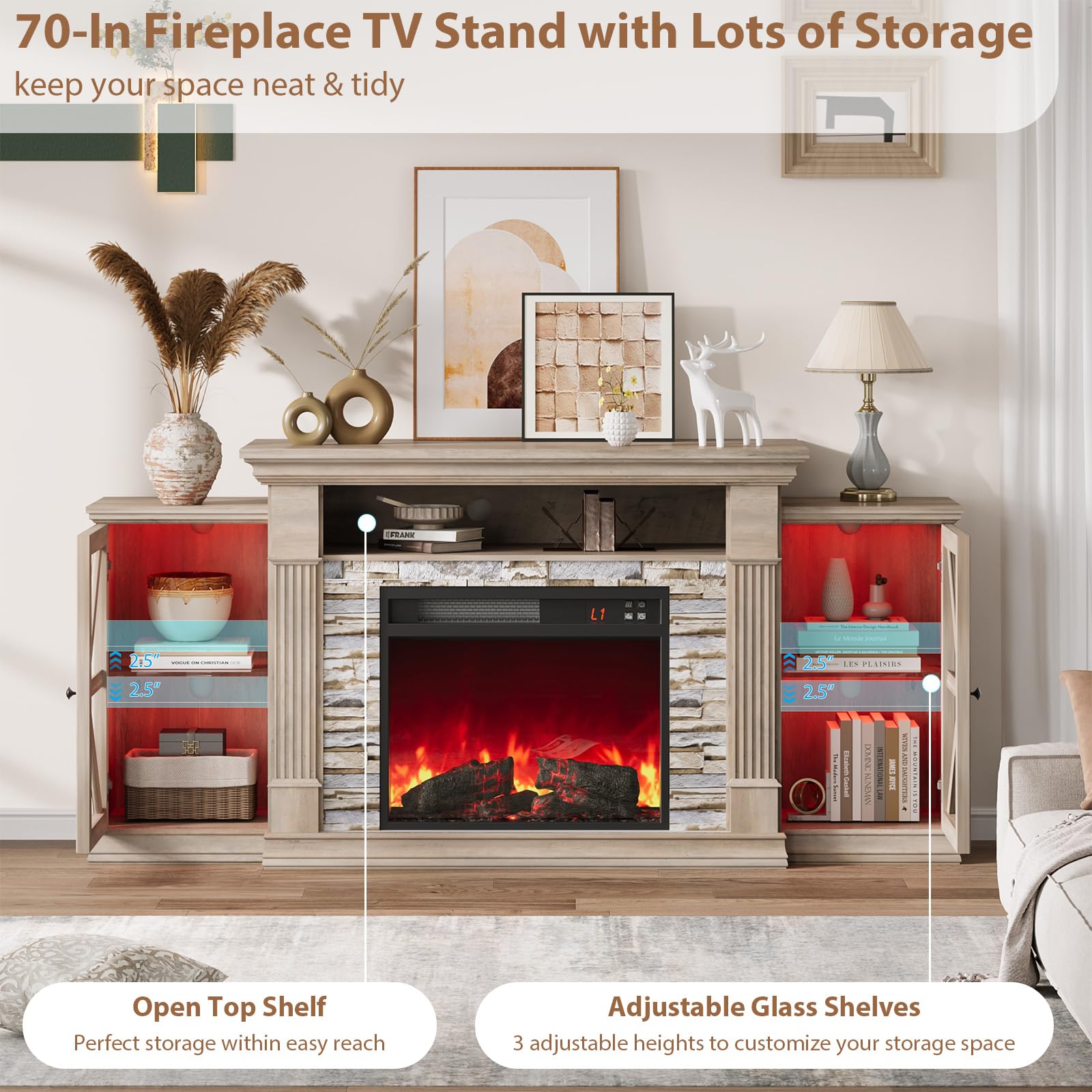 Electric Fireplace TV Stand 70" Farmhouse Entertainment Center