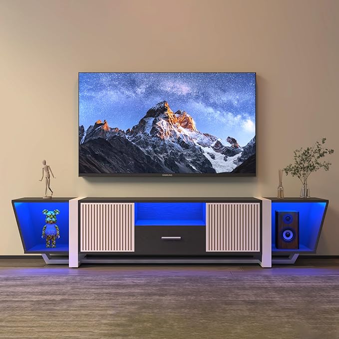 LED TV Stand with Asymmetrical Design and Tempered Glass Shelves