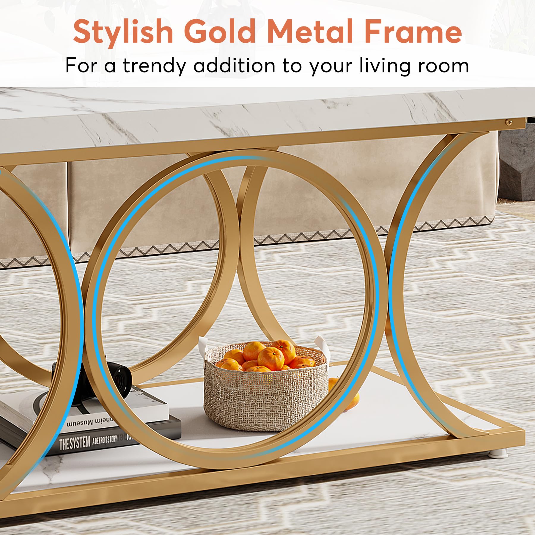 Tribesigns Rectangle Coffee Table, 46.45-inch Modern Coffee Tables for Living Room, 2-Tier Faux Marble Wood Coffee Table with Geometric Legs, Furniture with Storage Shelf (White & Gold)