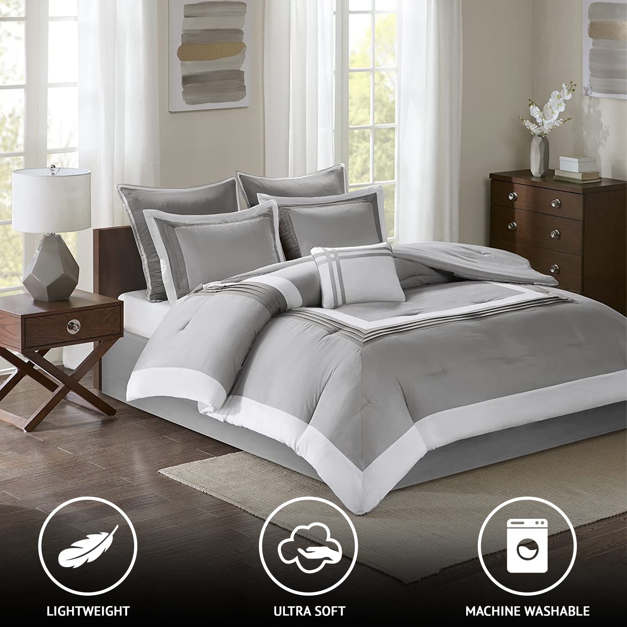 7-Piece Queen Comforter Set - Gray and White Patchwork Design