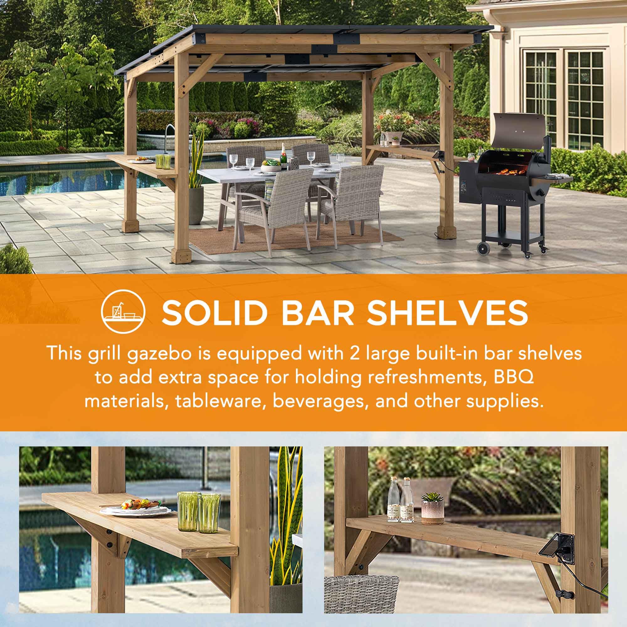 Hardtop Grill Gazebo with Bar Shelves and PowerPort