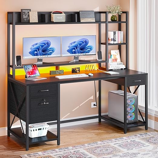 Computer Desk with Drawers and Hutch 59.1 Inch