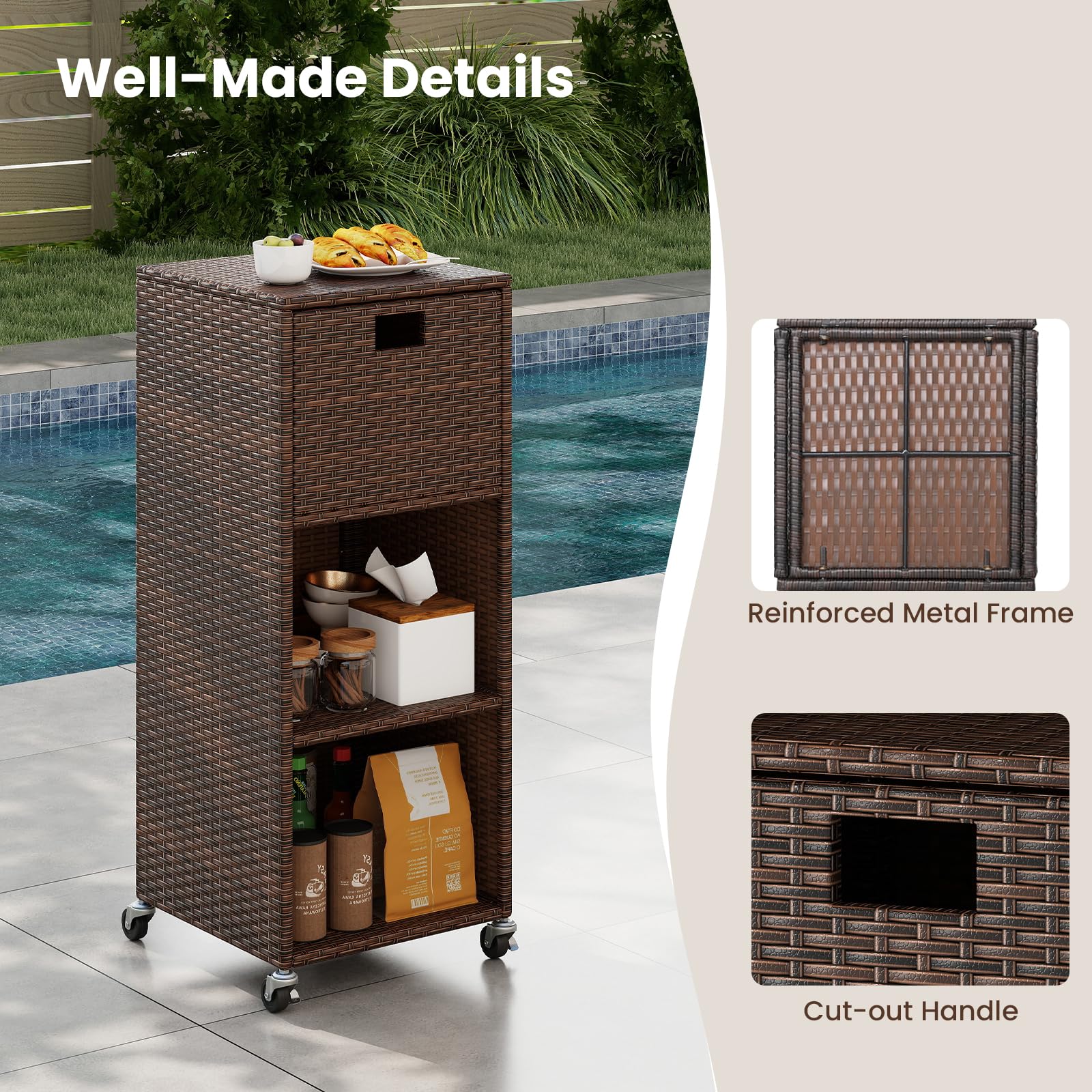 Rattan Outdoor Storage Cabinet with 3 Shelves and Drawer