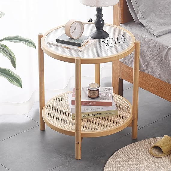 Rattan Coffee Table Round End Table 2-Tier Bamboo Glass Top