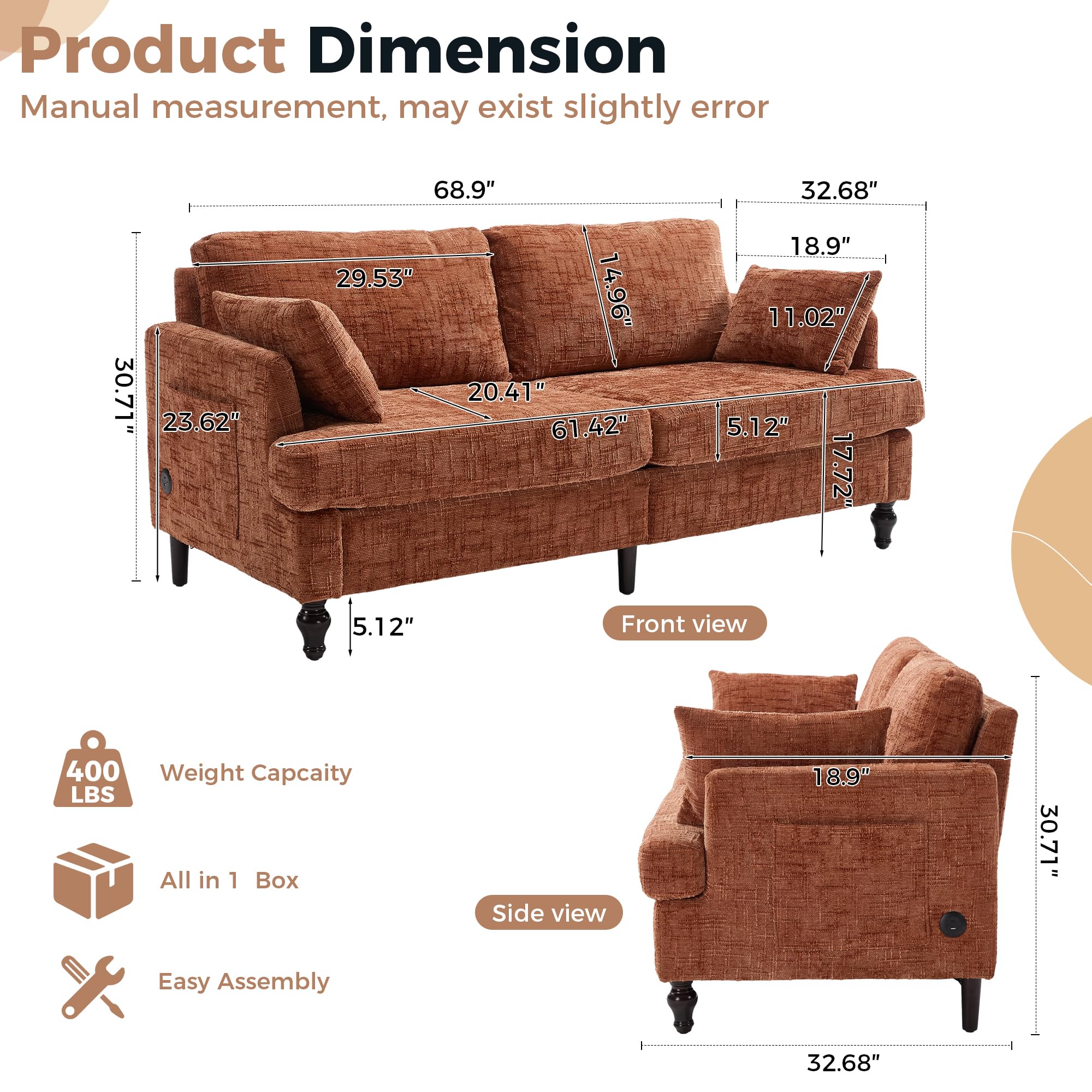69" Mid-Century Modern Loveseat with USB & LED