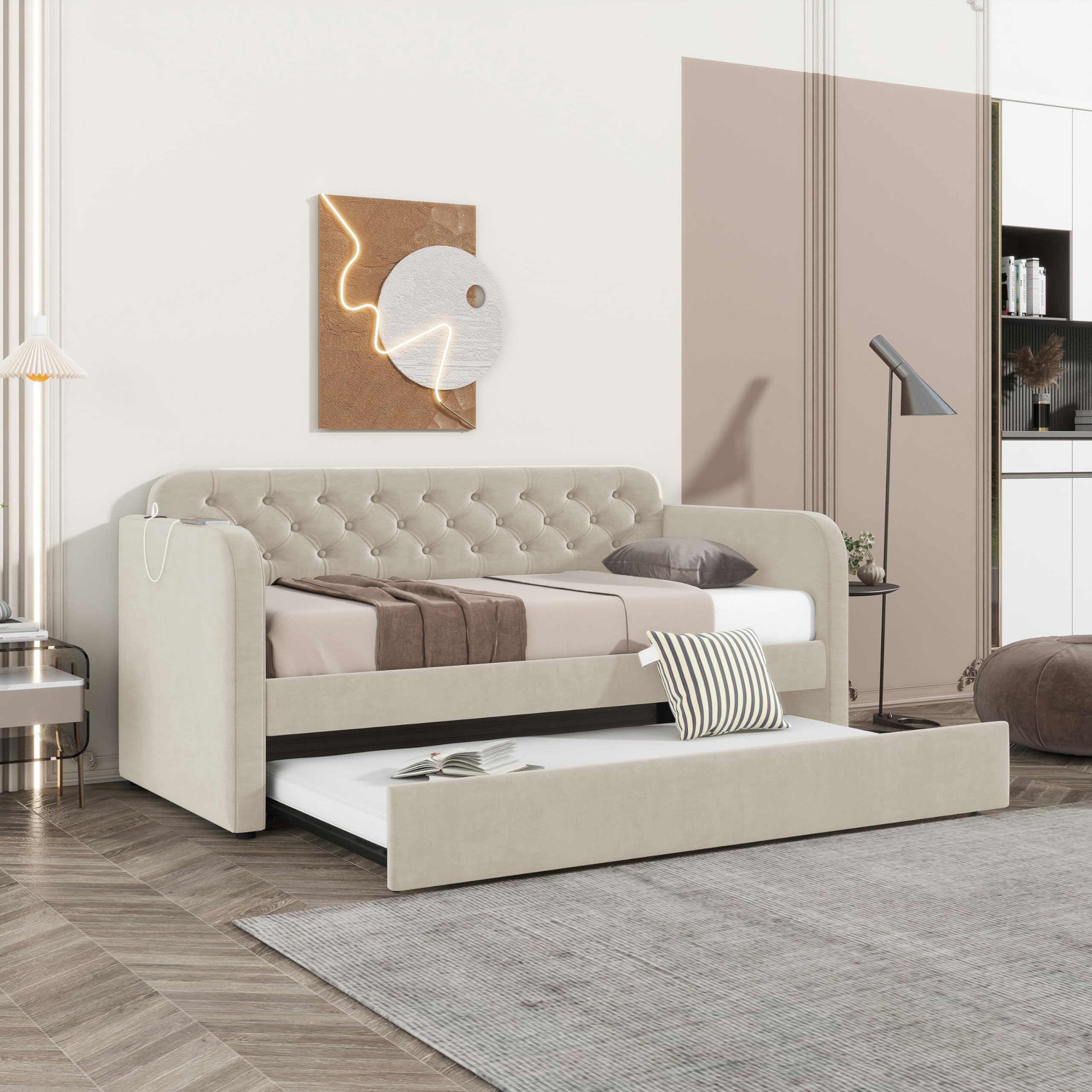 Twin Size Upholstered Daybed with Trundle and USB Ports