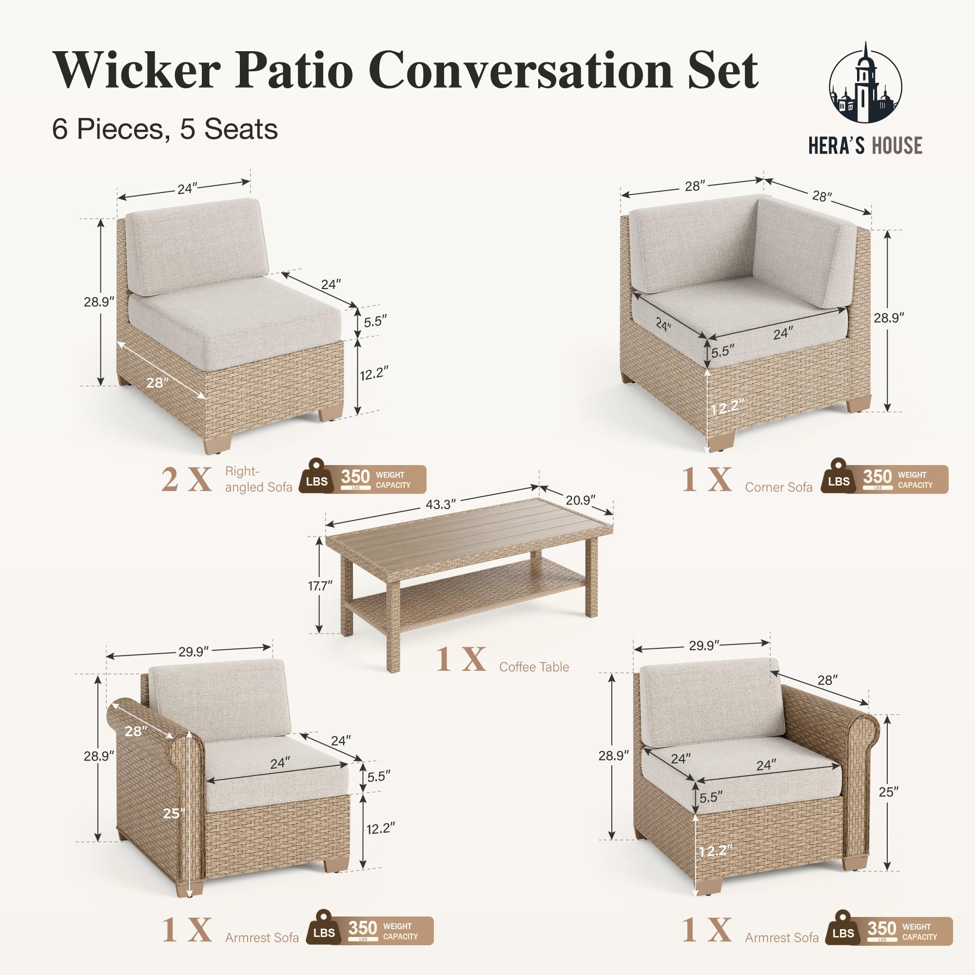 6 Piece Outdoor Sectional Sofa Set with Coffee Table
