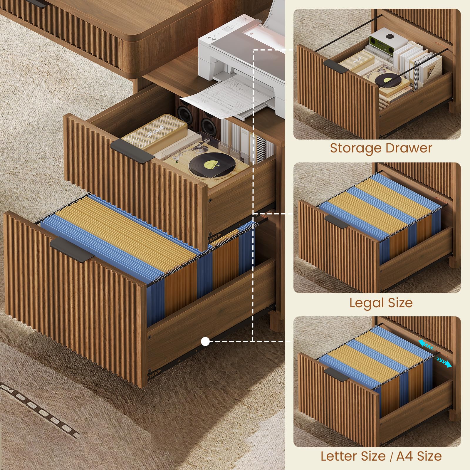 SEDETA Modern Office Desk with 4 Drawers, 59" Fluted Gaming Computer Desk with Storage, LED Lights and Power Strip, Wood Writing Desk Study Table for Home Office, Living Room, Bedroom, Brown