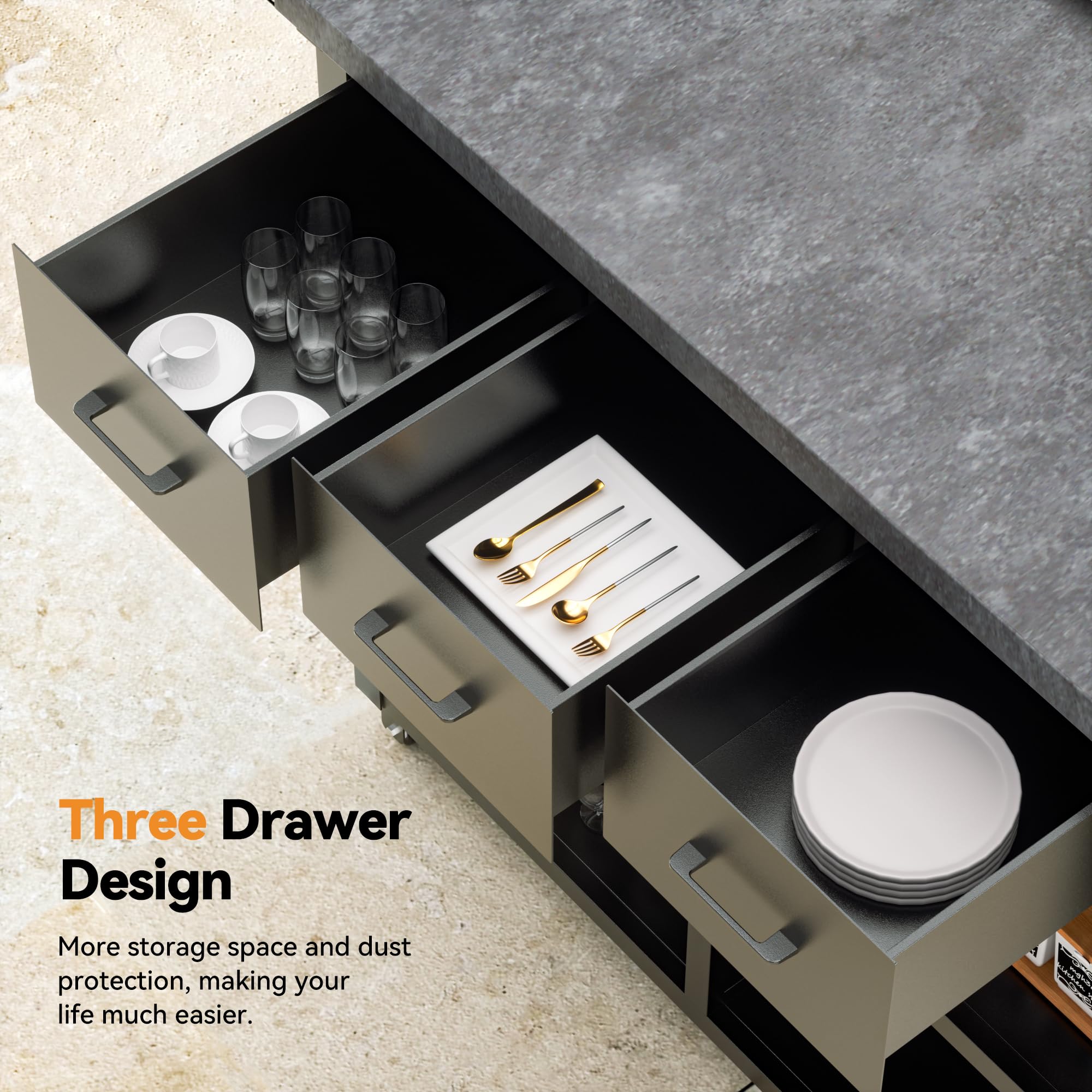 39" Outdoor Grill Table with 3 Drawers and Marble-Textured Top