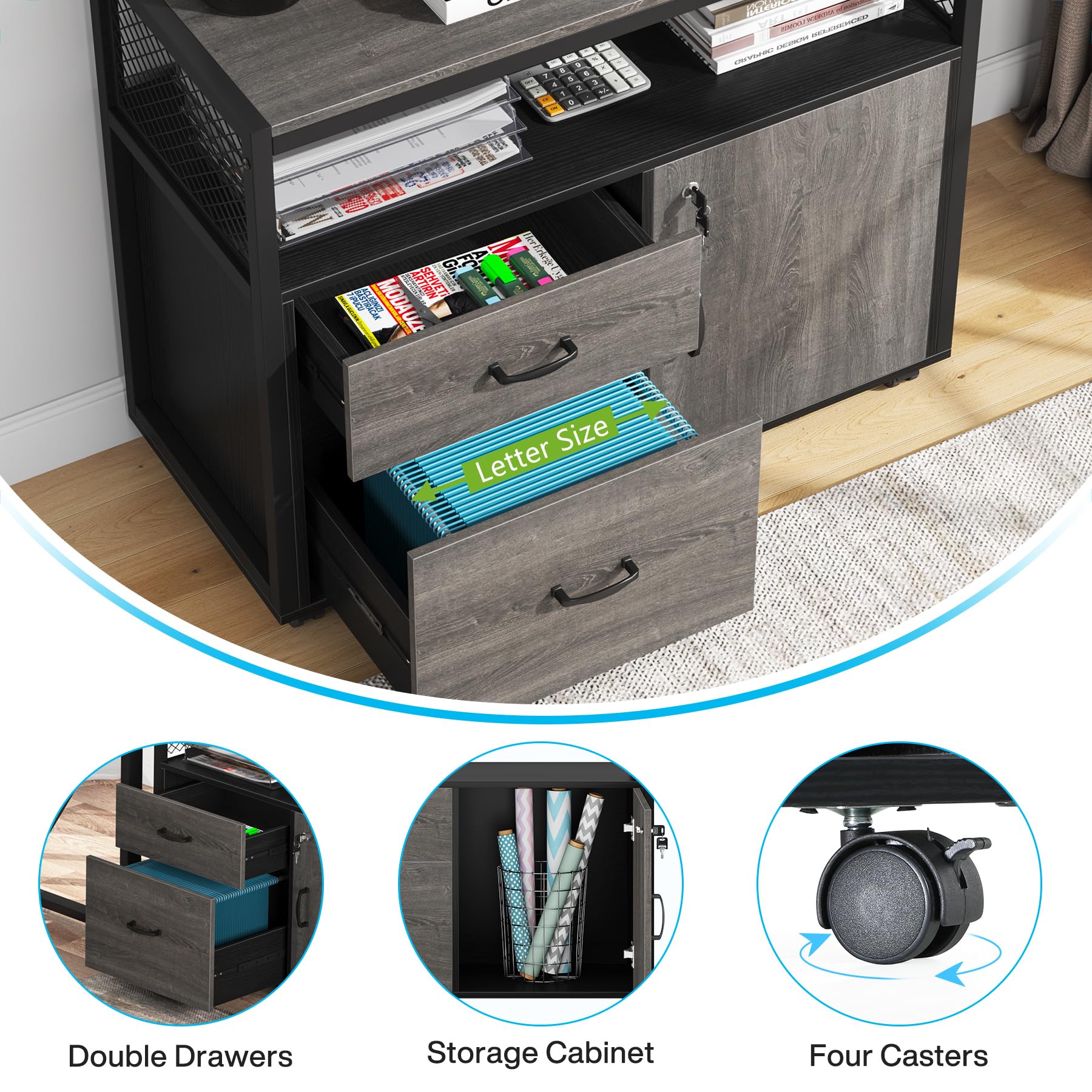 Tribesigns Modern File Cabinet with Drawers for Letter-Sized File and Door, Lockable lateral Filing Cabinet Printer Stand with Storage Shelves and with Rolling Caster for Home Office (Gray)