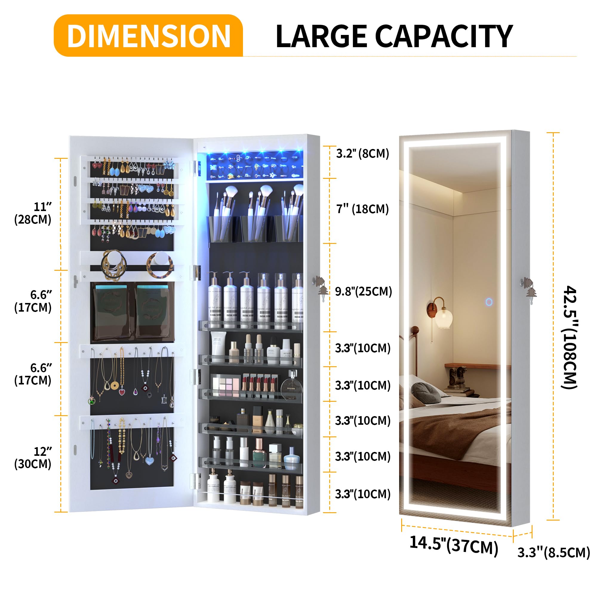 LED Mirror Jewelry Cabinet with Wall/Door Mount