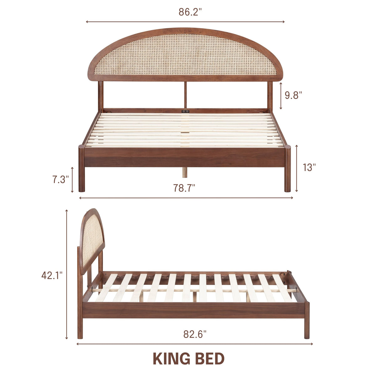 Wooden Bed Frame with Headboard and Natural Rattan King