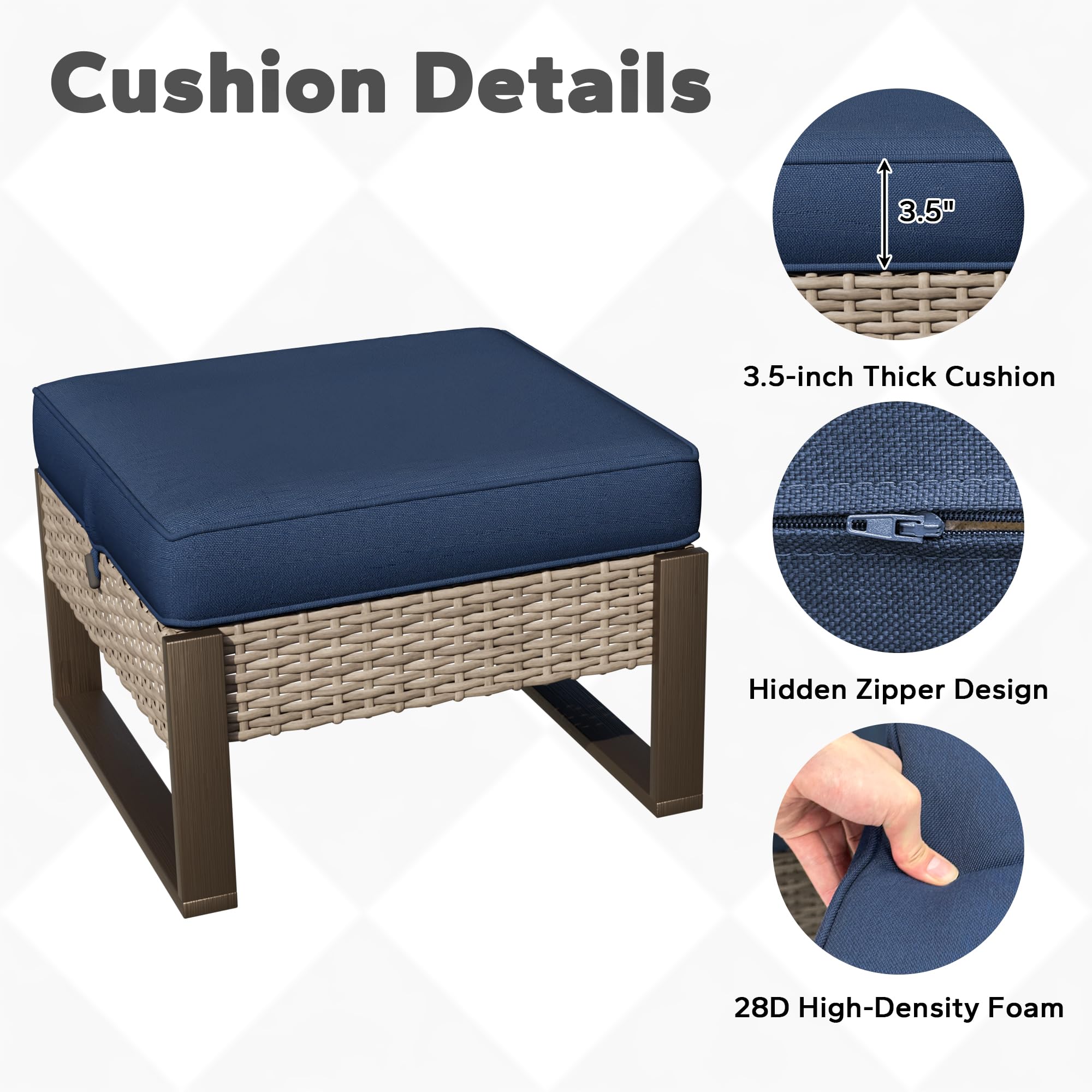 Outdoor Patio PE Rattan Ottomans with Removable Cushions