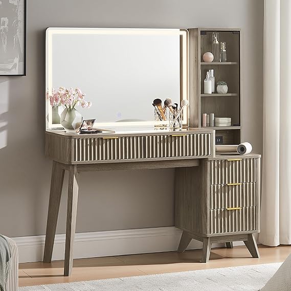 48" Fluted Makeup Vanity Desk with Mirror and Lights