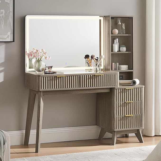 48 Inch Fluted Makeup Vanity Desk with Mirror and Lights