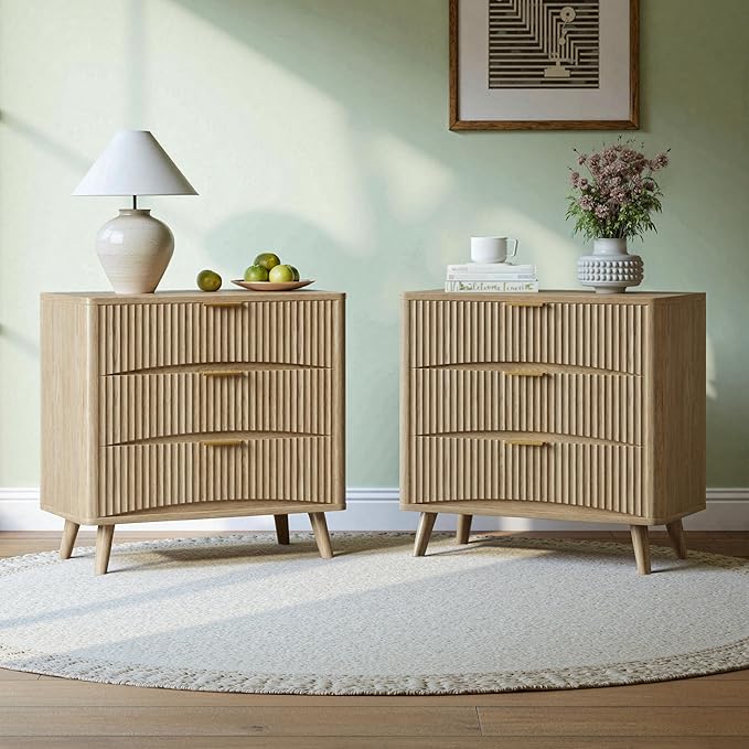 Oversized Fluted Nightstands Set of 2 - 3 Drawers