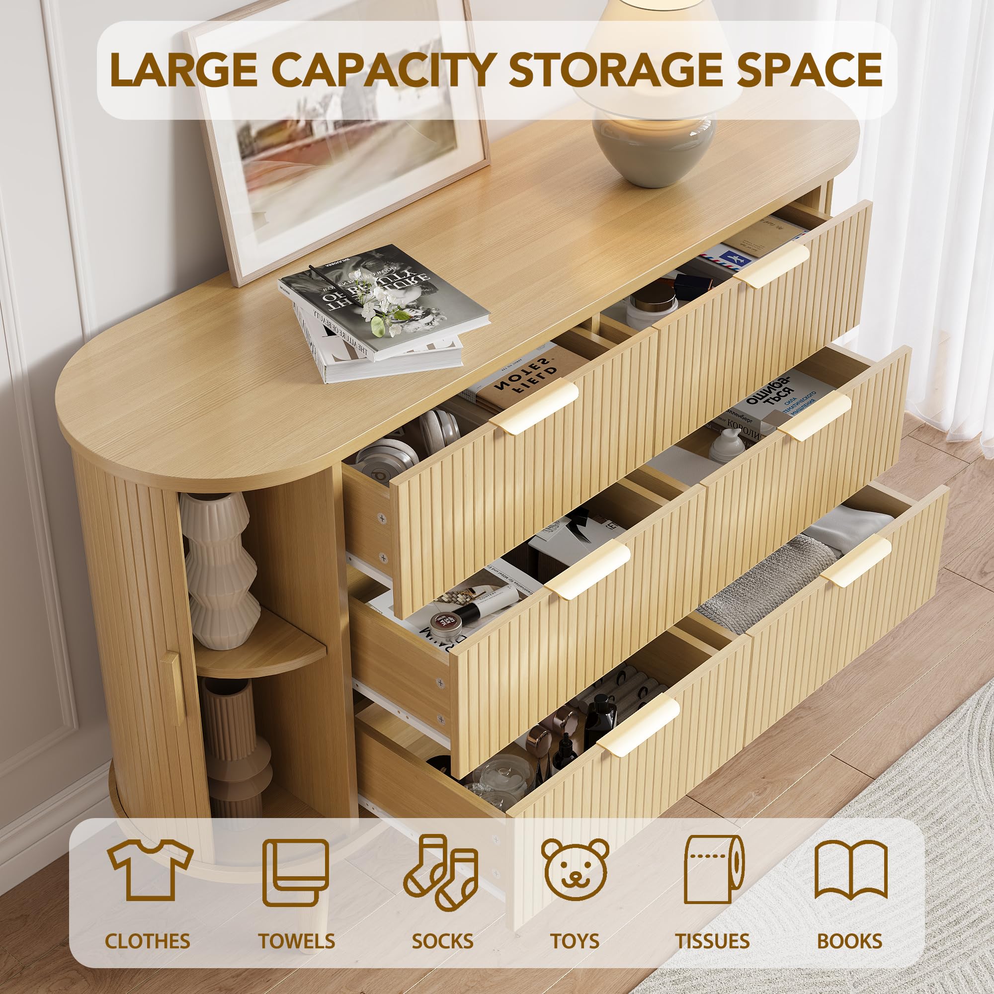 Fluted 6-Drawer Dresser with Sliding Door - 55 Inch Wide Mid-Century Modern