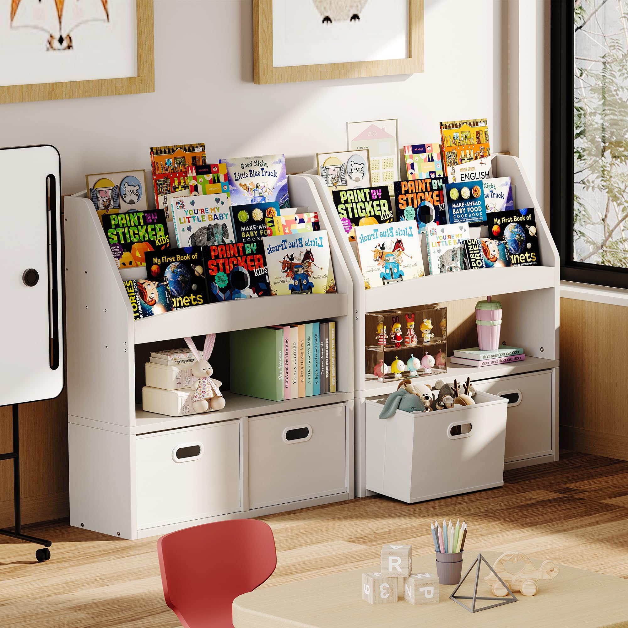 Homeiju Kids Bookshelf & Toy Storage Organizer with 2 Fabric Bins, 3 Tier Children Book Shelf, Toddler Bookcase for Toddler, Kids Room, Toys, Nursery, Playroom, White