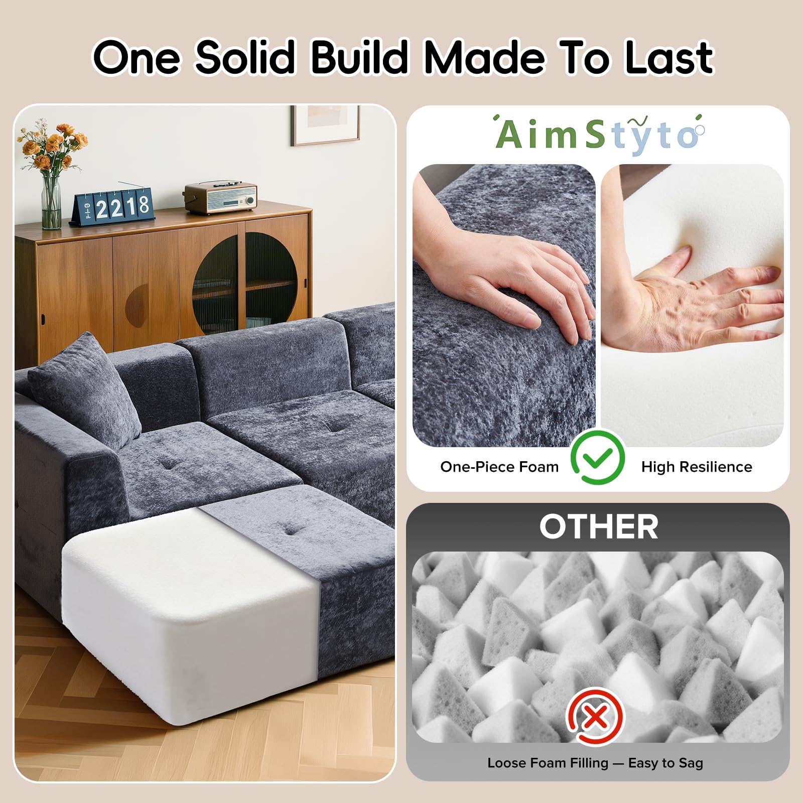 Cloud Modular Sectional Sofa - 108" L-Shaped Velvet Couch with Chaise