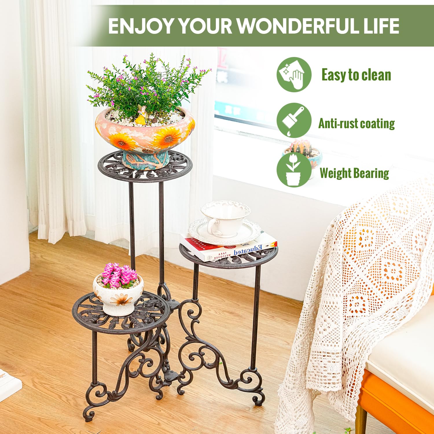 3-Tier Cast Iron Plant Stand 24in Tall Foldable Metal Shelf