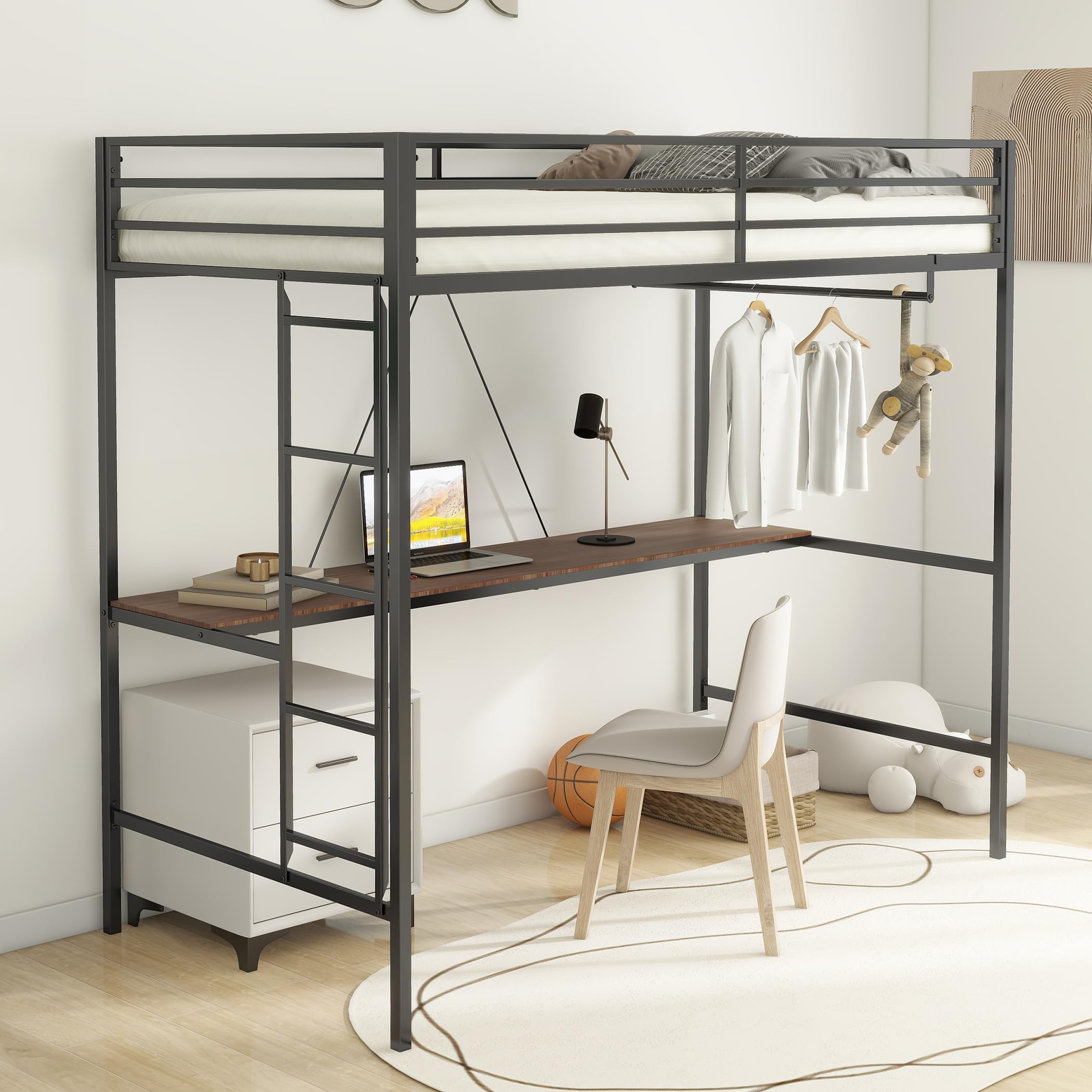 Twin Metal Loft Bed with Ladder and Guard Rails