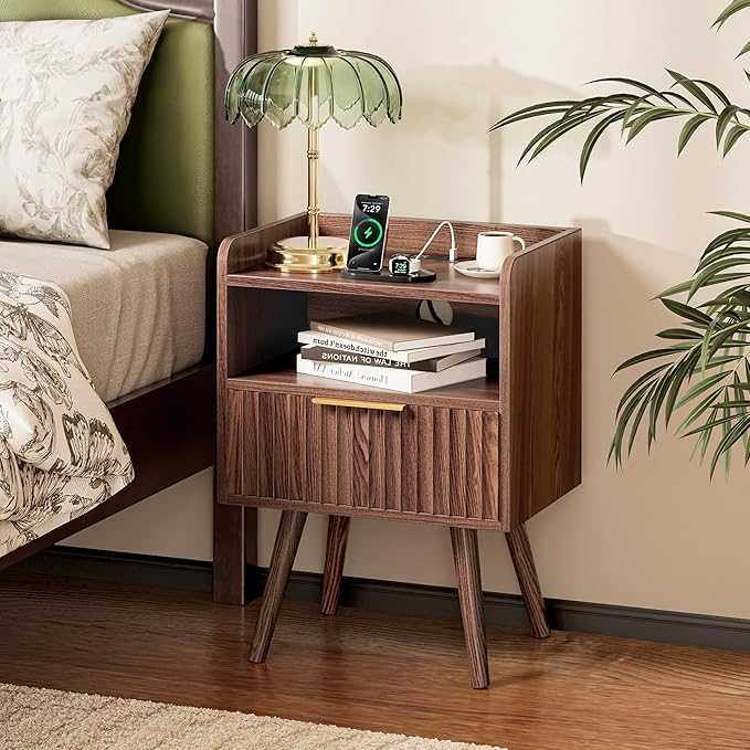 Fluted Nightstand with Charging Station and Drawer