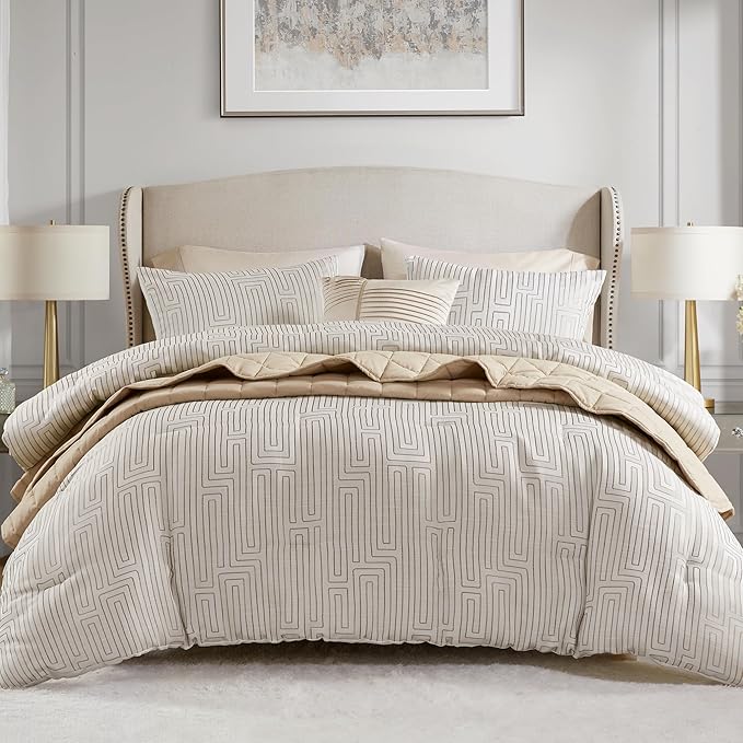 Jacquard Metallic Thread Comforter Set Queen Ivory 5 Piece
