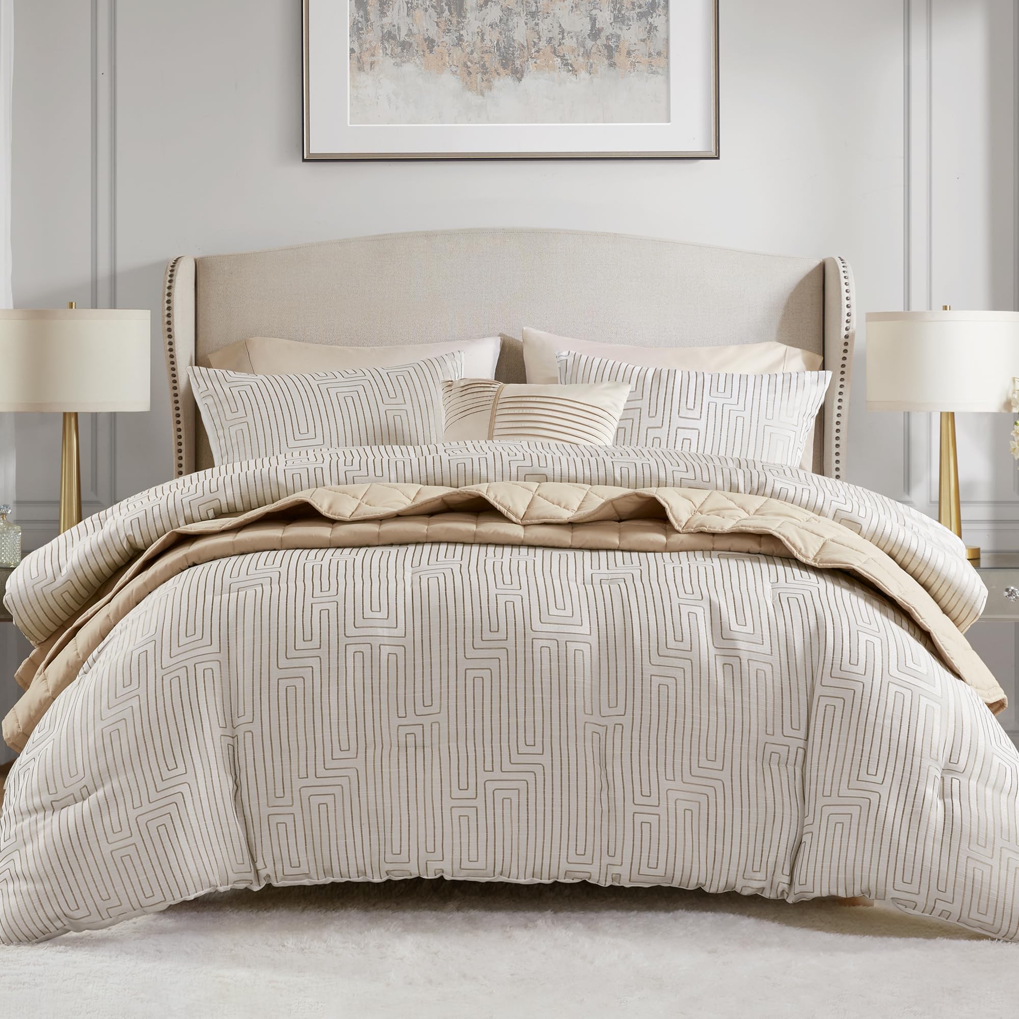 Jacquard Metallic Thread Comforter Set Queen Ivory 5 Piece