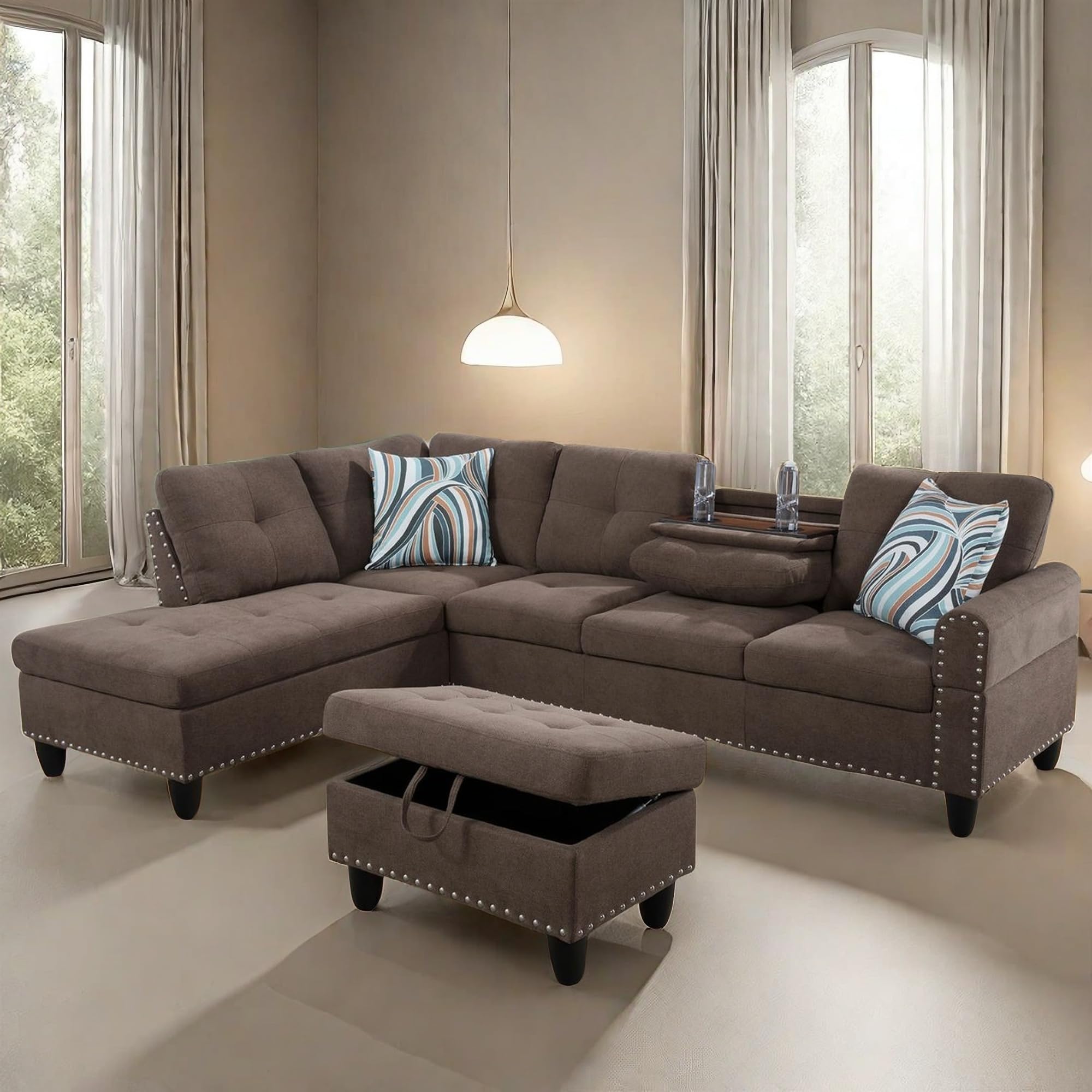 L-Shaped Sectional Sofa with Cup Holder