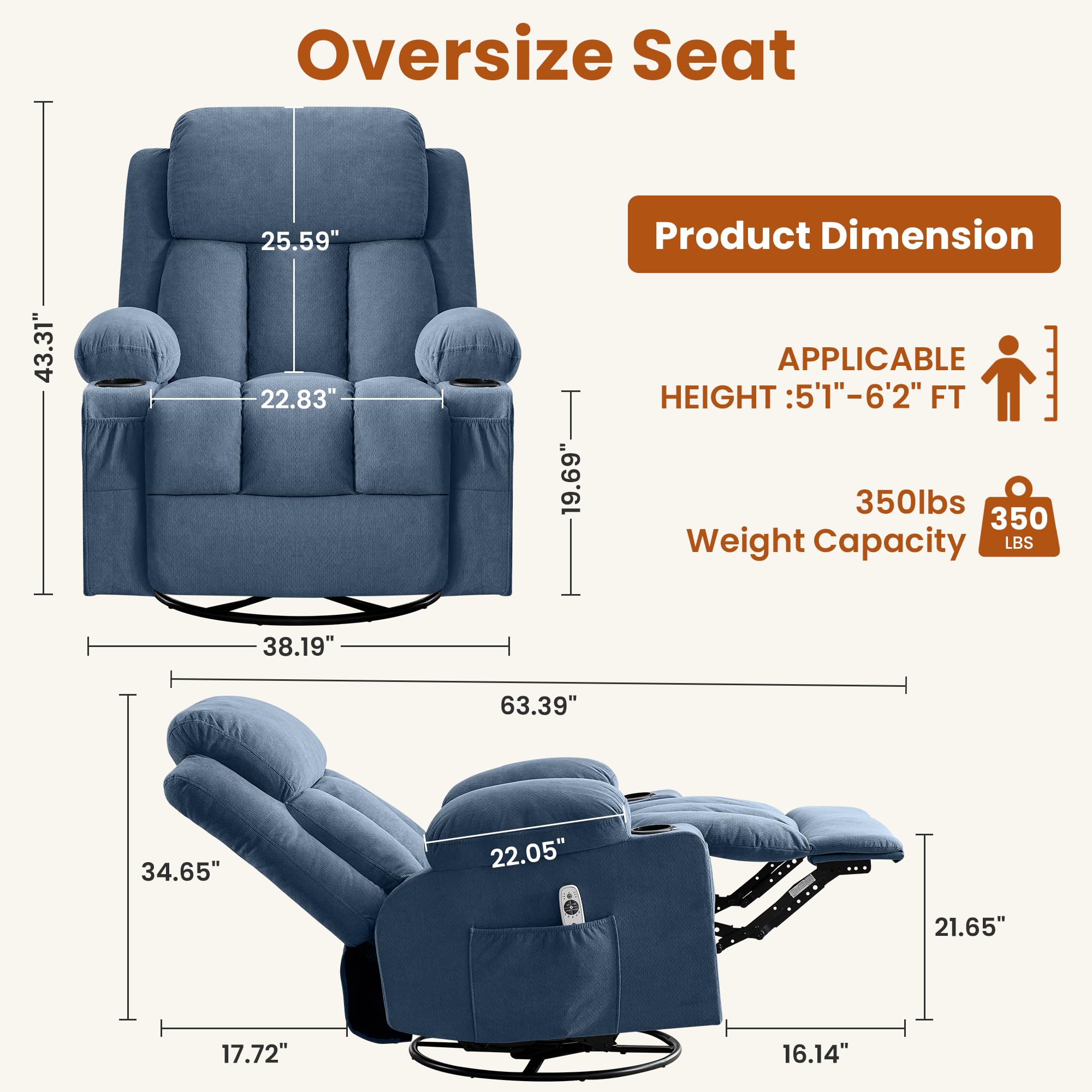MAHOMICO Swivel Rocker Recliner Chair with Vibration Massage and Heat for Living Room,with Rocking Function and Side Pocket, USB Charge Port,2 Cup Holders