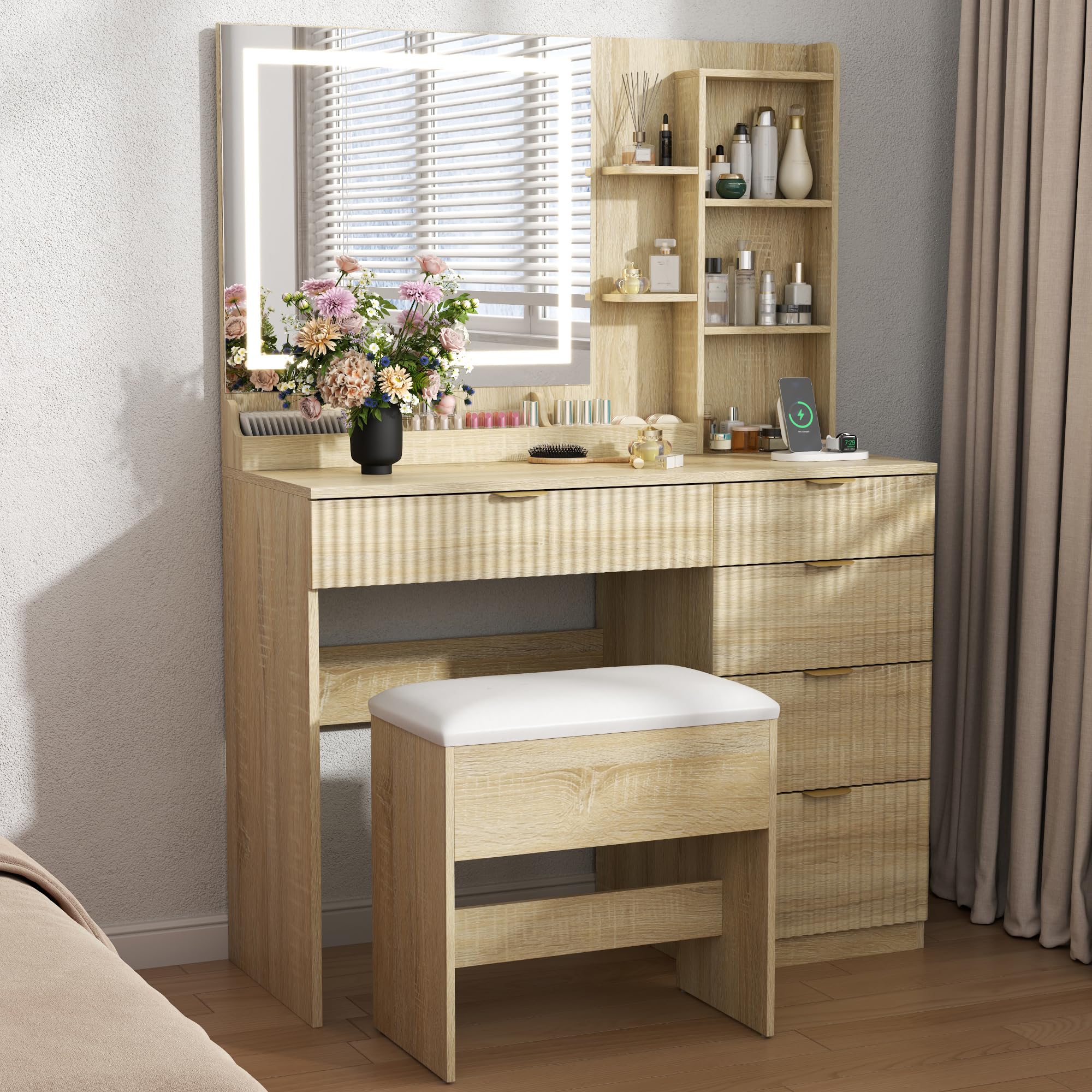 Fluted Vanity Desk with LED Mirror and Storage Stool